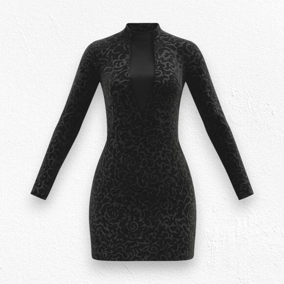 Windsor Black Floral Velour Embossed Deep V Mesh Panel Bodycon Dress Size Medium - Picture 1 of 7